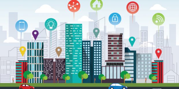 Animated colourful city with location icons and other icons