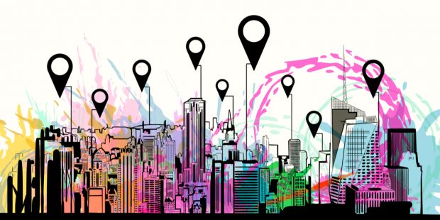 Colourful cityscape of buildings with location icons