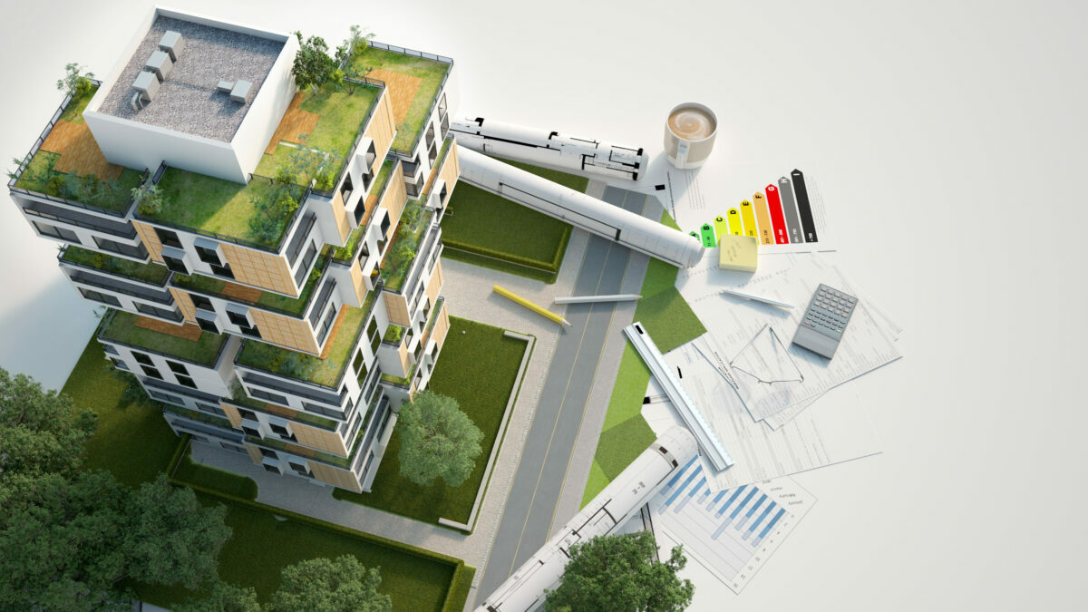 Green building with plans and energy ratings