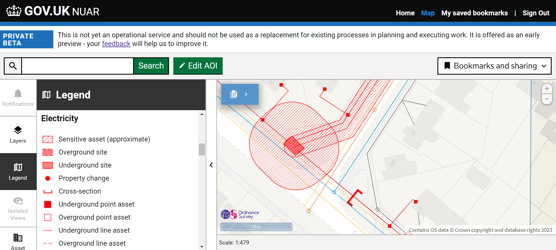National Underground Asset Register interactive map window showing road map with red lines.